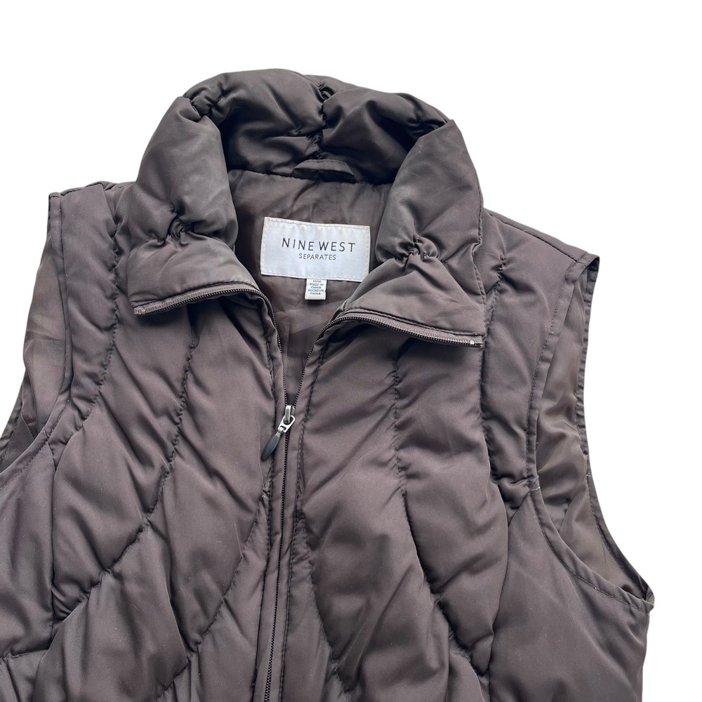 Nine West Women's M Brown Collar Zip Quilted Down Feather Puffer Vest Cozy Layer